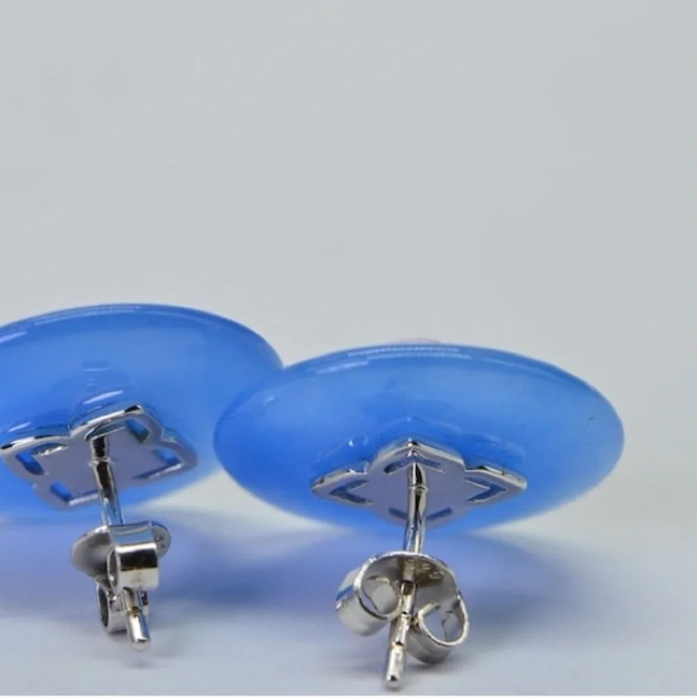 .925 Blue Jade Flower Stud Earrings floral Stud Sterling silver post earrings - Picture 5 of 9